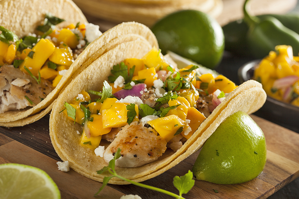 Homemade Baja Fish Tacos with Mango Salsa and Chips