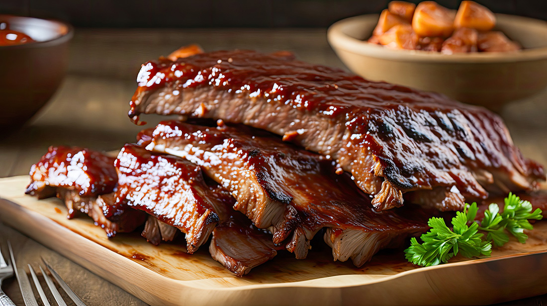 Baked pork ribs with barbecue sauce. grilled pork ribs with sauce on a cutting board , spice, marinade, closeup. Roasted sliced barbecue pork ribs